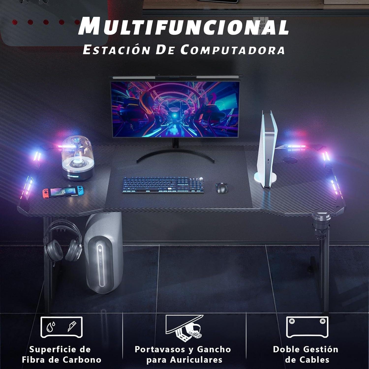 Nuestra experiencia con la mesa gamer LED de fibra de carbono ergonómica